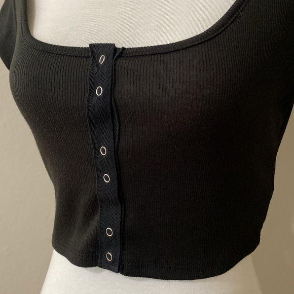 Black Ribbed Button Down Crop Top, Size Small - Picture 2 of 7